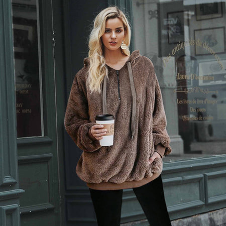 Simplee Hooded long sleeve coral fleece pullover women hoodies Zipper warm solid sweatshirt Casual autumn plus size coat 2018
