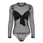 Glamaker Sexy transparent mesh bodysuit Women deep v neck crop long sleeve bodysuit Black bodycon female bodysuit short playsuit