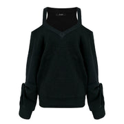 Simplee Elegant cold shoulder women sweater V neck long sleeve pullover women 2018 Autumn winter sweaters female