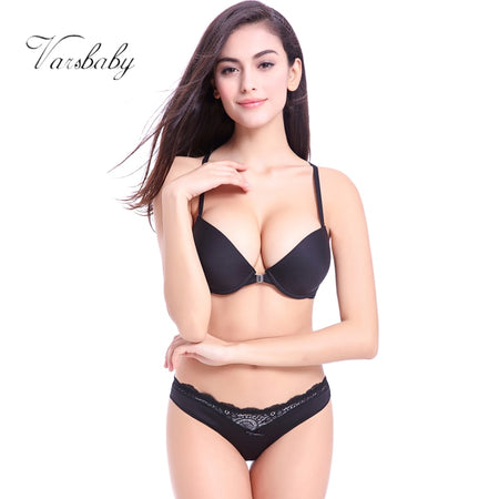 Varsbaby new sexy lace underwear deep V front buckle solid Bra Sets for women