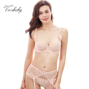Varsbaby sexy lace ultra-thin transparent section without pad 1/2 cup bra sets with garter