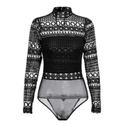 Conmoto Turtleneck Sexy Hollow Out Lace Embroidery Bodysuit Women Mesh Long Sleeve Bodysuits Skiny Bodysuit Romper