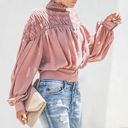 Conmoto Pink Lace up Chiffon Blouses Top Women Stretchy White Pleated Blouse Shirt Vintage Lantern Sleeve Mesh Solid Ladies Tops