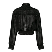 Conmoto Pink Lace up Chiffon Blouses Top Women Stretchy White Pleated Blouse Shirt Vintage Lantern Sleeve Mesh Solid Ladies Tops