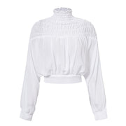 Conmoto Pink Lace up Chiffon Blouses Top Women Stretchy White Pleated Blouse Shirt Vintage Lantern Sleeve Mesh Solid Ladies Tops