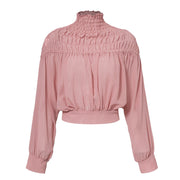 Conmoto Pink Lace up Chiffon Blouses Top Women Stretchy White Pleated Blouse Shirt Vintage Lantern Sleeve Mesh Solid Ladies Tops