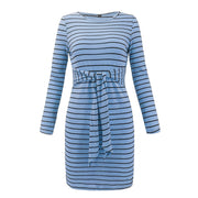 Conmoto Autumn Winter 2018 Casual Bodycon Dress Women Long Sleeve Belt Tie Dresses Sexy Stripe Basic Dress Vestidos