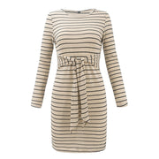Conmoto Autumn Winter 2018 Casual Bodycon Dress Women Long Sleeve Belt Tie Dresses Sexy Stripe Basic Dress Vestidos