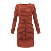 Conmoto Autumn Winter 2018 Casual Bodycon Dress Women Long Sleeve Belt Tie Dresses Sexy Stripe Basic Dress Vestidos