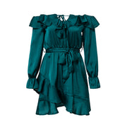 Conmoto Ruffles Lace Up Off Shoulder Women Dress Bow Long Sleeve Elegant Vintage Dress Bow Blue Party Satin Dress Vestidos