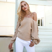 Simplee Sexy lace up winter knitted sweater pullover Women one shoulder loose sweater jumper Autumn batwing sleeve gray sweater