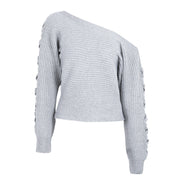 Simplee Sexy lace up winter knitted sweater pullover Women one shoulder loose sweater jumper Autumn batwing sleeve gray sweater