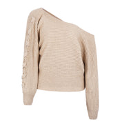 Simplee Sexy lace up winter knitted sweater pullover Women one shoulder loose sweater jumper Autumn batwing sleeve gray sweater
