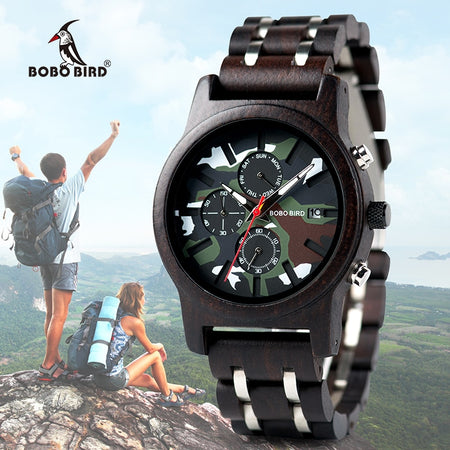 BOBO BIRD Chronograph Watch Military Men Army Green Wooden Watches Luxury Stainless Steel Strap Week Display