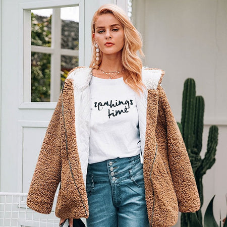 Simplee Hooded faux fur coat women 2018 Autumn winter warm soft zipper fur jacket Female plush cotton plus size outerwear