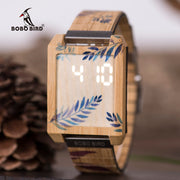 BOBO BIRD Relogio Digital Men Watch Bamboo Rectangle LED Display Touch Panel Watches with Printing Patten