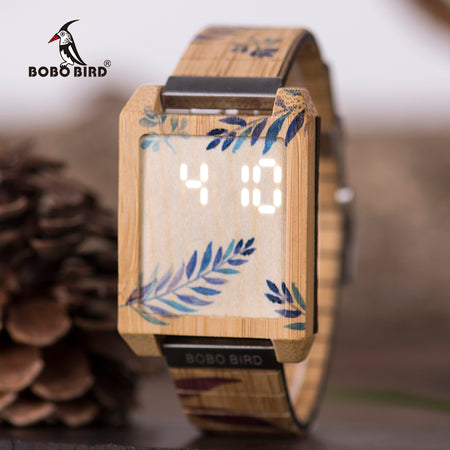 BOBO BIRD Relogio Digital Men Watch Bamboo Rectangle LED Display Touch Panel Watches with Printing Patten