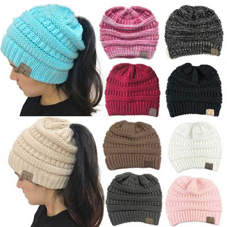CC Ponytail Beanie Winter Hats For Women Crochet Knit Cap Skullies Beanies Warm Caps Female Knitted Stylish Hat Ladies Fashion