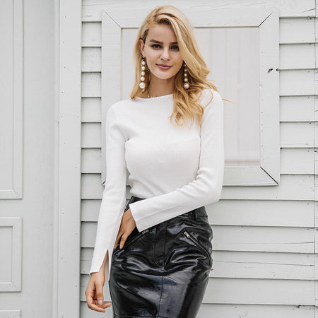 Simplee White knitted pullover sweater women Sexy elastic long sleeve knitting pullover Casual autumn winter jumper pullover