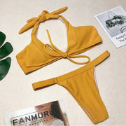 Ribbed knot bikini 2018 push up plunge swimsuit Solid thong women swimwear high cut micro bikini set Sexy bandage bathing suit