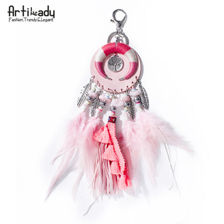 Artilady handmade pink feather keychain bohemian key chain key holder bag charm horn boho jewelry for women gift