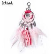 Artilady handmade pink feather keychain bohemian key chain key holder bag charm horn boho jewelry for women gift