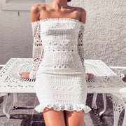 Glamaker Sexy hollow out lace off shoulder dress Women ruffle long sleeve mini dress Autumn elegant club party dress vestidos