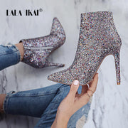 LALA IKAI Bling Sequined Zipper Pointed Boots Women High Heeled 10CM Winter Shoes Fashion Ladies Ankle Boots 014N1824 -4