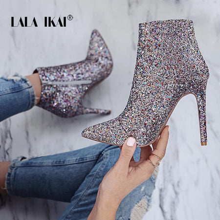 LALA IKAI Bling Sequined Zipper Pointed Boots Women High Heeled 10CM Winter Shoes Fashion Ladies Ankle Boots 014N1824 -4
