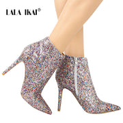 LALA IKAI Bling Sequined Zipper Pointed Boots Women High Heeled 10CM Winter Shoes Fashion Ladies Ankle Boots 014N1824 -4