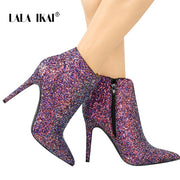 LALA IKAI Bling Sequined Zipper Pointed Boots Women High Heeled 10CM Winter Shoes Fashion Ladies Ankle Boots 014N1824 -4