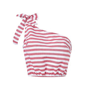 Conmoto Higt Street Bow Strapless Tank Camis Sexy Striped Crop Top Beach Asymmetrical Strap Short Shirt