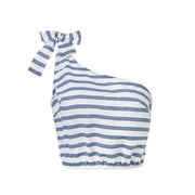 Conmoto Higt Street Bow Strapless Tank Camis Sexy Striped Crop Top Beach Asymmetrical Strap Short Shirt