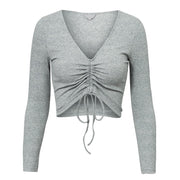 Conmoto Lace Up Casual Knitted Ladies Blouse Winter Womens Tops And Blouses Sexy V Neck Winter Elegant Solid Long Sleeve Blouse