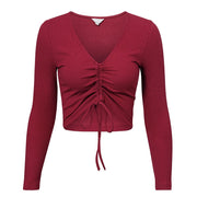 Conmoto Lace Up Casual Knitted Ladies Blouse Winter Womens Tops And Blouses Sexy V Neck Winter Elegant Solid Long Sleeve Blouse