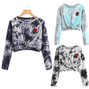 Women Rose Embroidered Patch Water Color Twist Sweatshirt Blouse