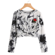 Women Rose Embroidered Patch Water Color Twist Sweatshirt Blouse