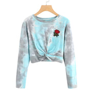 Women Rose Embroidered Patch Water Color Twist Sweatshirt Blouse