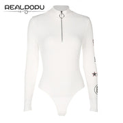 Waatfaak Turtleneck Long Sleeve Sexy Black Bodysuit Women Zipper Bodycon Skinny Printed Warm Romper Elegant Autumn Jumpsuit