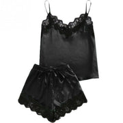 Fashion Woman Nightdress Feminine Black Pajamas Sets Fashion Sexy Camisole Shorts Two-pieces V-Neck Lace Satin Summer Sleepwear