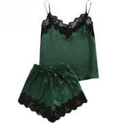 Fashion Woman Nightdress Feminine Black Pajamas Sets Fashion Sexy Camisole Shorts Two-pieces V-Neck Lace Satin Summer Sleepwear
