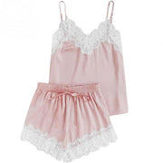 Fashion Woman Nightdress Feminine Black Pajamas Sets Fashion Sexy Camisole Shorts Two-pieces V-Neck Lace Satin Summer Sleepwear