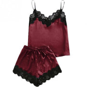 Fashion Woman Nightdress Feminine Black Pajamas Sets Fashion Sexy Camisole Shorts Two-pieces V-Neck Lace Satin Summer Sleepwear
