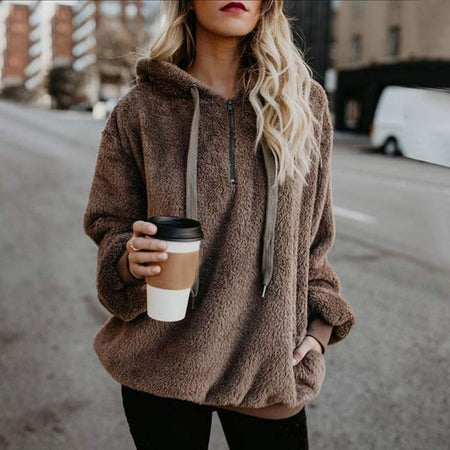 women hoodie solid zipper block hooded pullover sweatshirt casual loose long sleeve pockets plush pullovers plus size 5XL