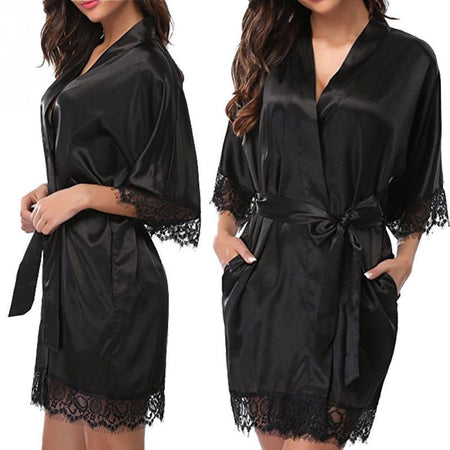 New Woman Lace Sexy Solid Sleepwear With Waist Belt Half Sleeve Elegant Nightdress