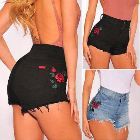 Vintage Floral Embroidered Shorts Women Rose Flower Embroidery Shorts Elastic High Waisted Denim Jeans Blue Black Short Female