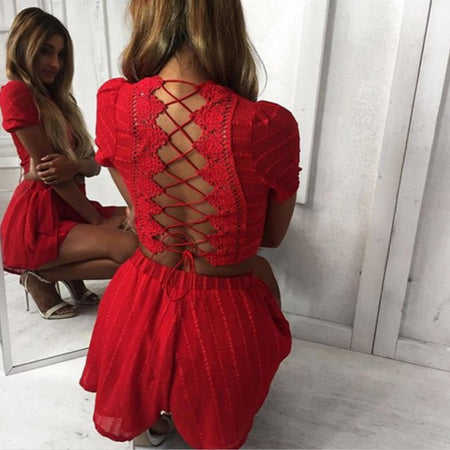 Cropped Tops Shorts Women Two Pieces Tracksuit Hollow Out Lace Backless Women's Sexy Lace Up Summer Kawaii Suits Plus Size