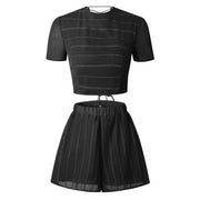 Cropped Tops Shorts Women Two Pieces Tracksuit Hollow Out Lace Backless Women's Sexy Lace Up Summer Kawaii Suits Plus Size