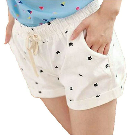 2018 New Summer Shorts Cats Pattern High Waist Elastic Cotton Short Fresh Floral Women Shorts Feminino