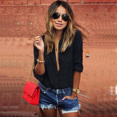 Europe Women Blouse Boyfriend Shirt Long Sleeve Chiffon Blouses Large Size Casual Black Shirts Women Sexy V Neck Blouses Blusa